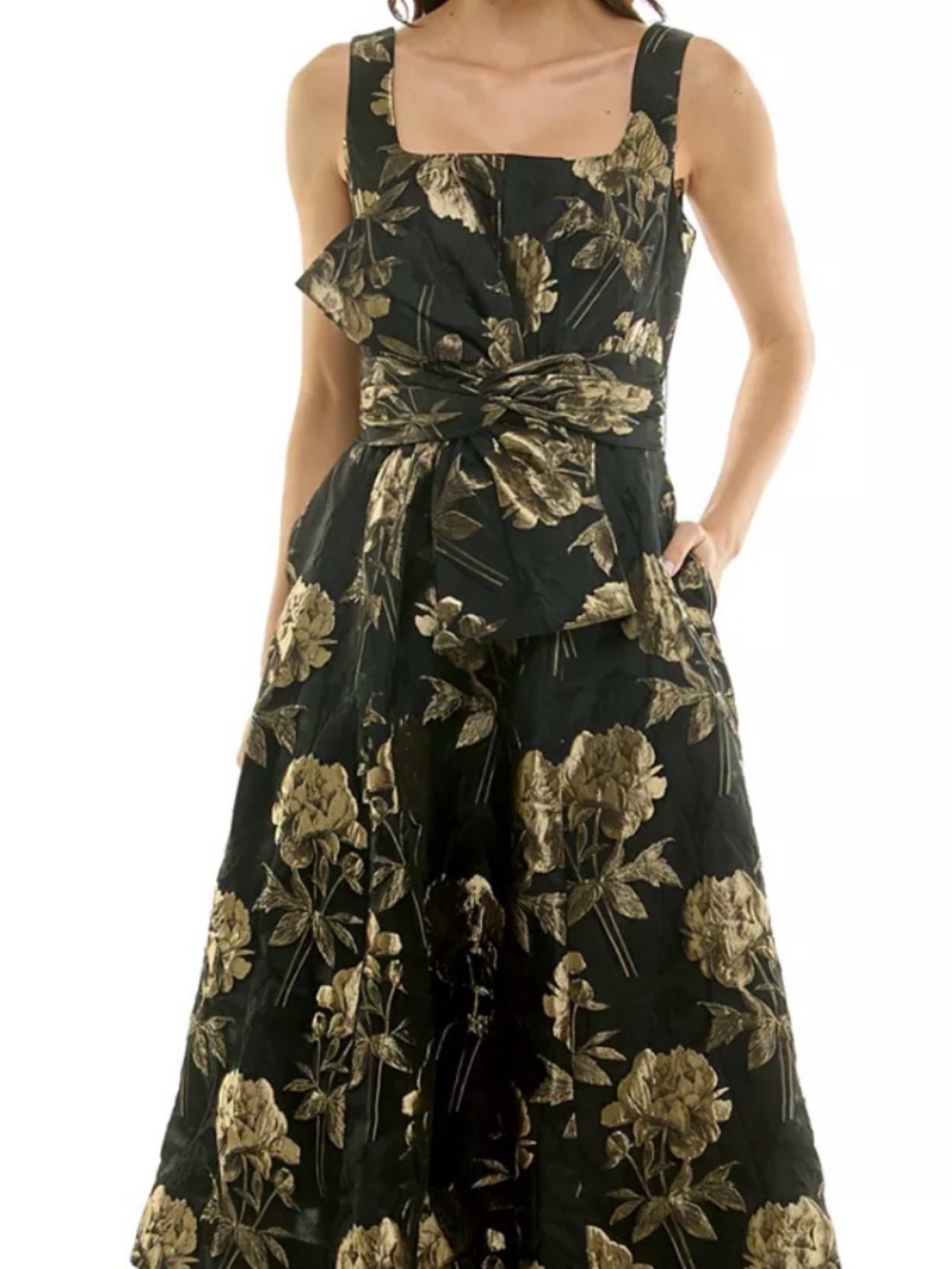 Taylor Black Dress with Gold Floral Jacquard Accents